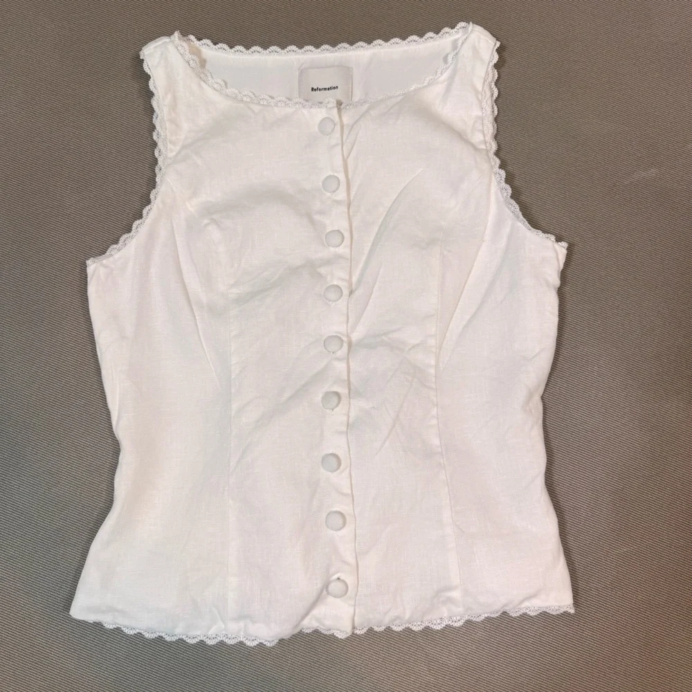 Reformation Amela Linen Top Ivory White Size 6 Lace Detail Button Down - Picture 1 of 13